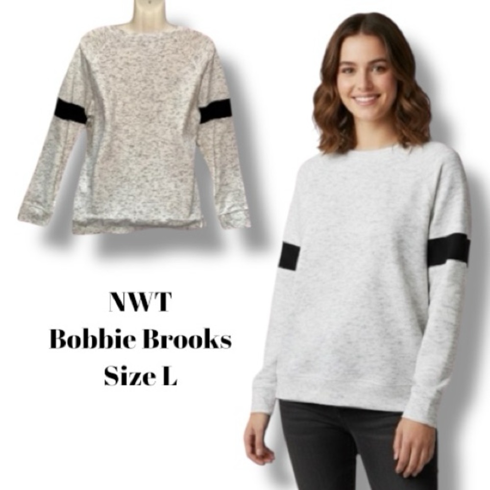 Bobbie Brooks Sweatshirt NWT Gray Heather Pullover Athleisure Arm Stripe Size L